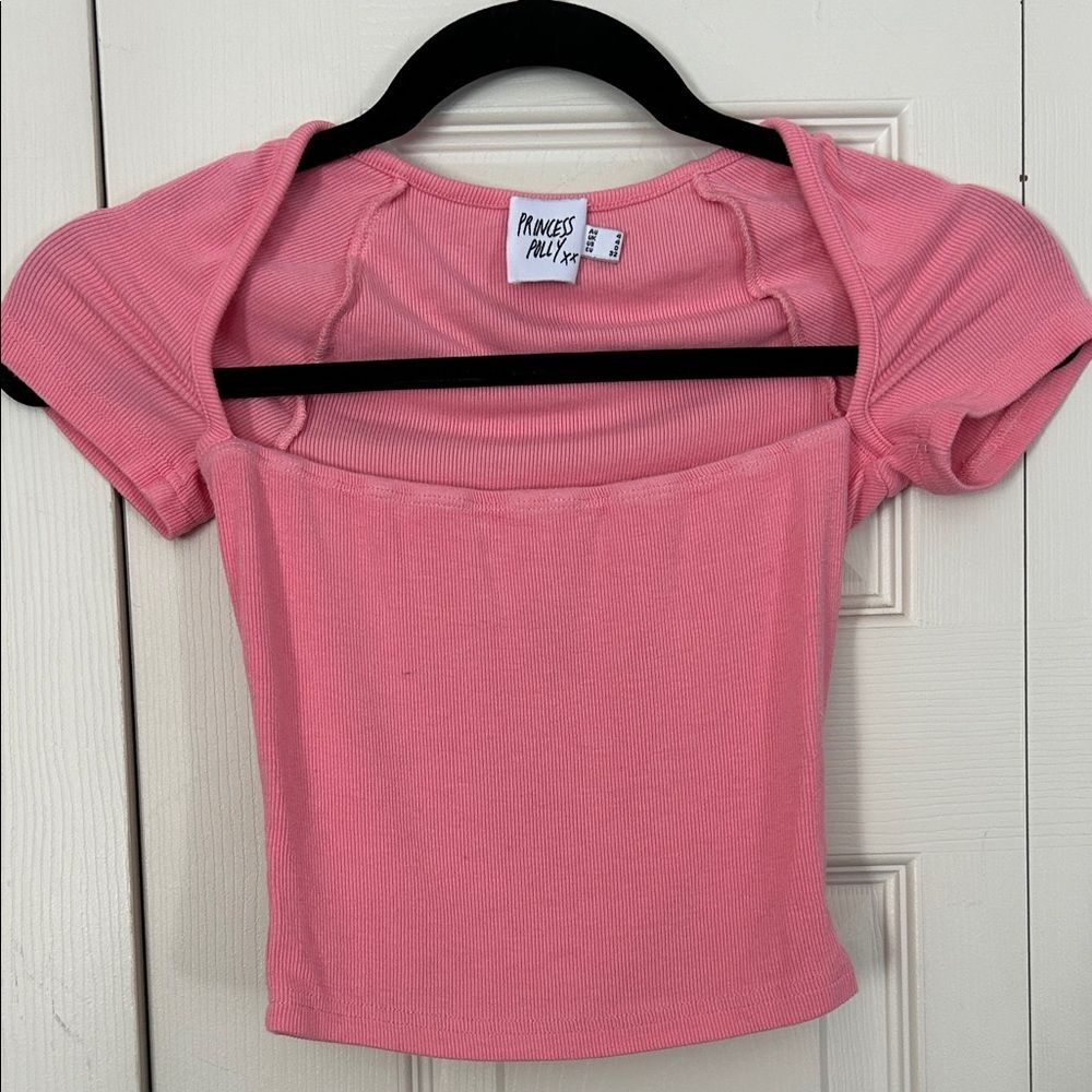Princess Polly Pink Ribbed Short Sleeve Crop Top Square Neckline Size 0 Barbie